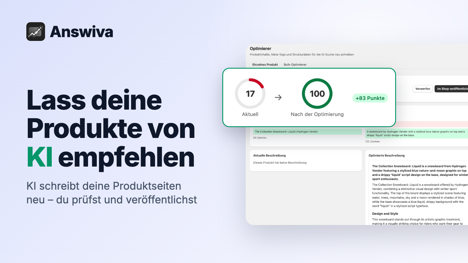 Answiva-Optimierer: Vorher/Nachher-Vorschau einer Produktseite mit AI Readiness Score