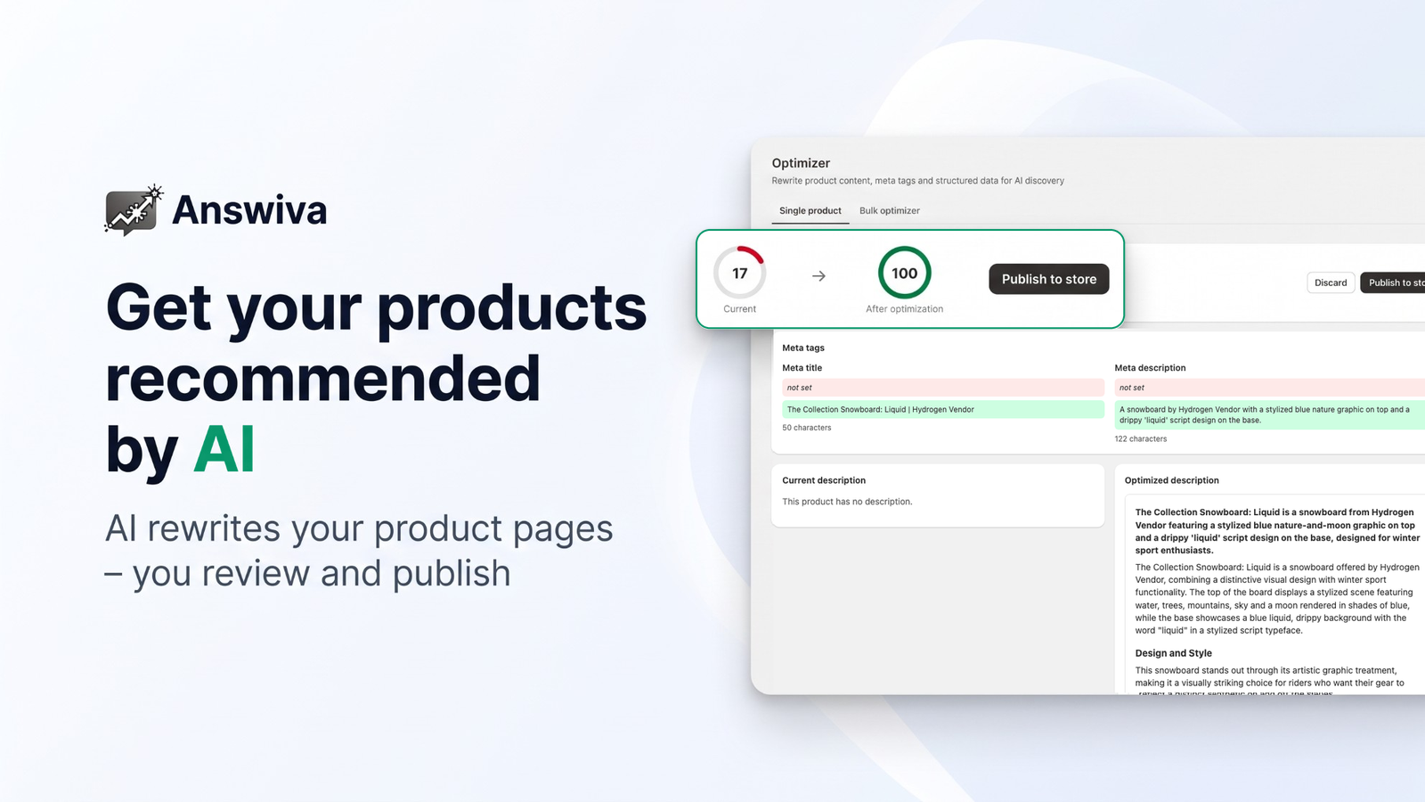 Optimizer preview: score 17 before, 100 after optimization